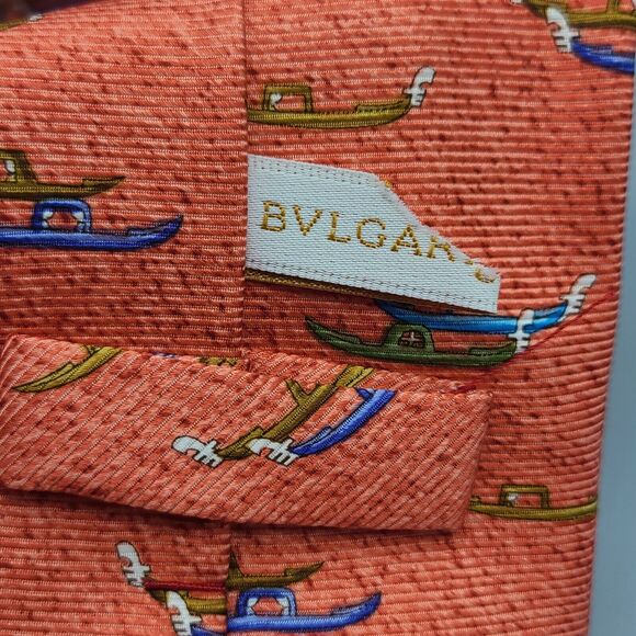 BVLGARI BULGARI Neck Tie. Venice Gondolas On Red Silk 7 Fold  Made In Italy - Picture 4 of 8